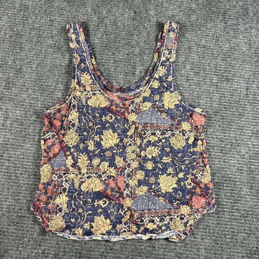 Ecote Tank Top Womens XS Blue Floral Patchwork Excellent Boho Sleeveless Crop